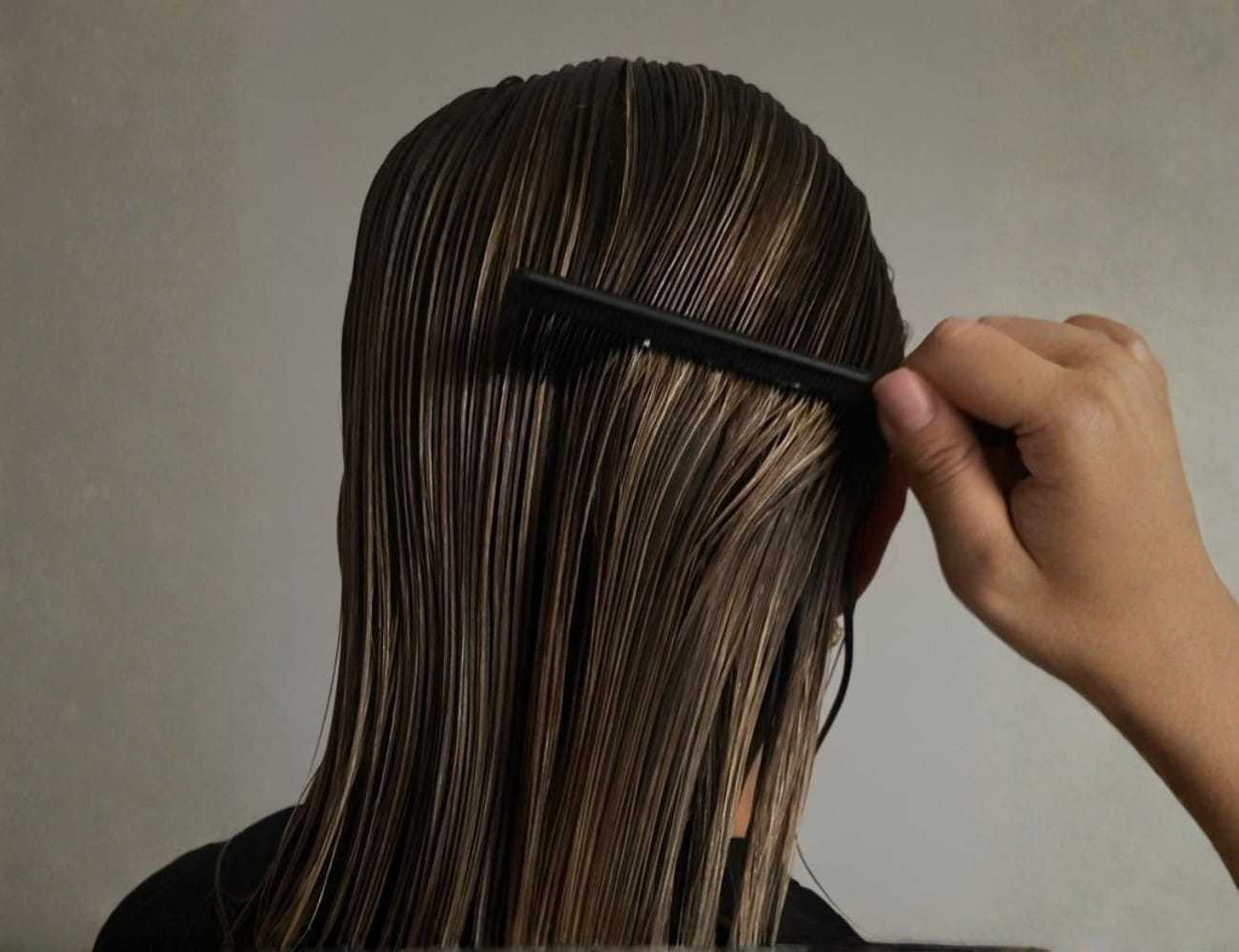 Hair being combed with a black comb, showing smooth, wet strands against a neutral background.